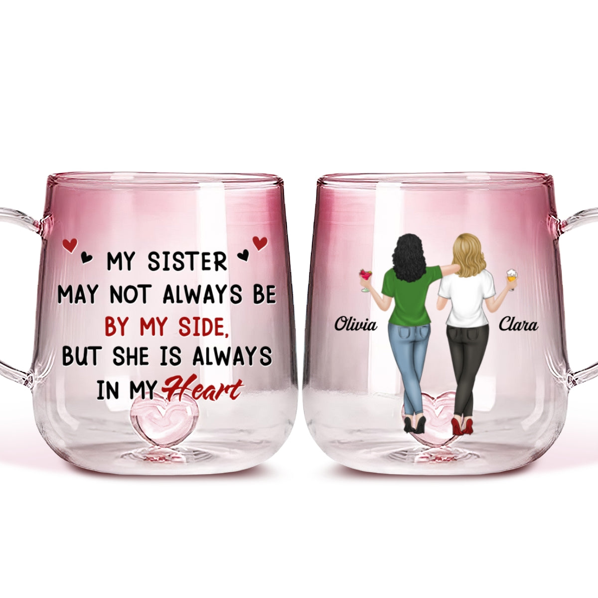 Sisters By Heart Not Distance - Personalized Custom Pink Gradient Glass Mug