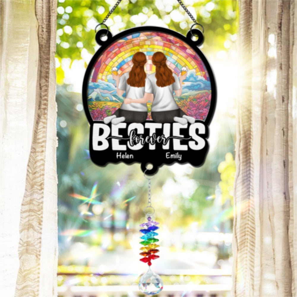 Besties Sitting Together - Personalized Custom Suncatcher With Crystal Rainbow Charm