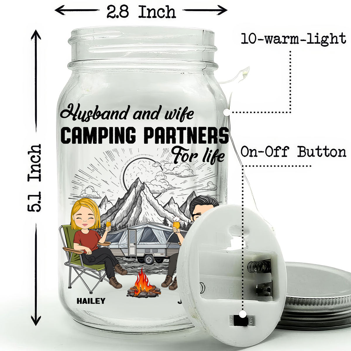Husband And Wife Camping Partners For Life - Personalized Custom Mason Jar Light