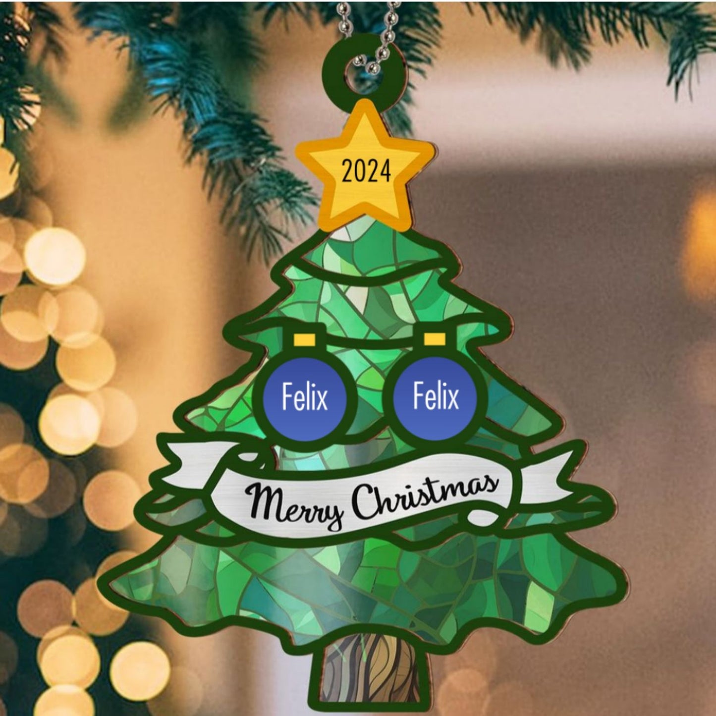Christmas Tree Family Name - Personalized Custom Suncatcher Ornament