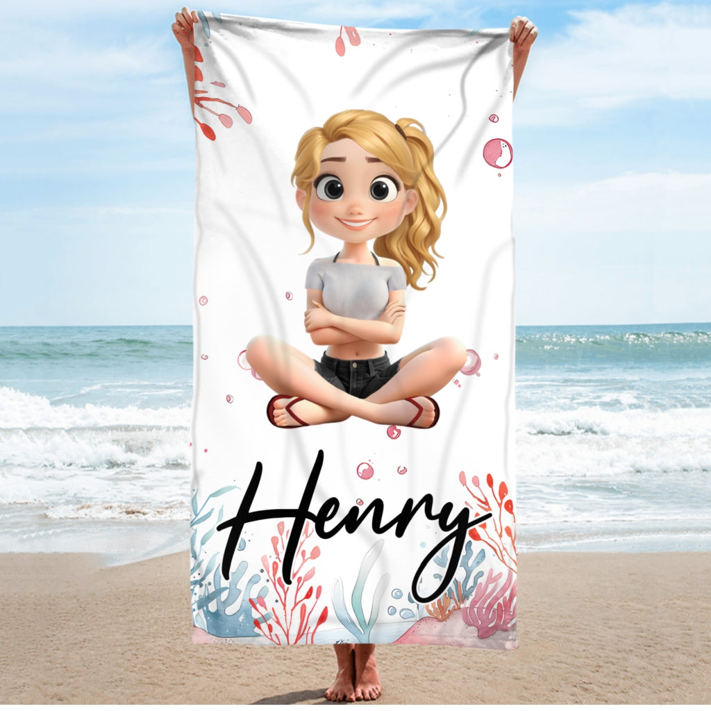 Cartoon Scuba Diver - Personalized Custom Beach Towel