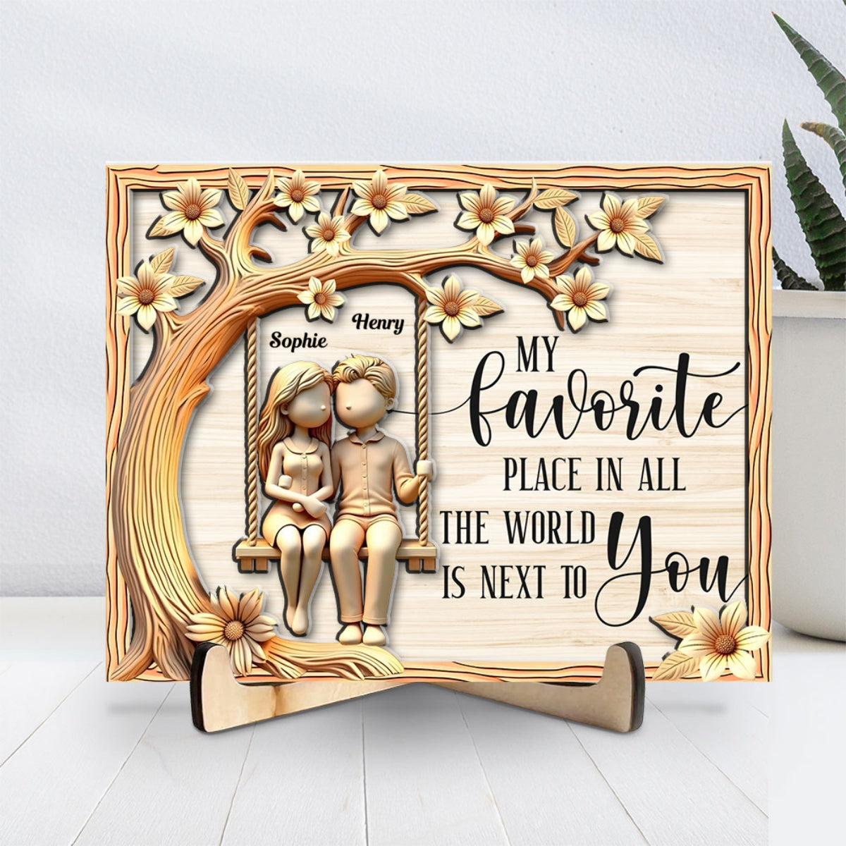Couple On Swing With Floral - Personalized Custom Wooden Plaque