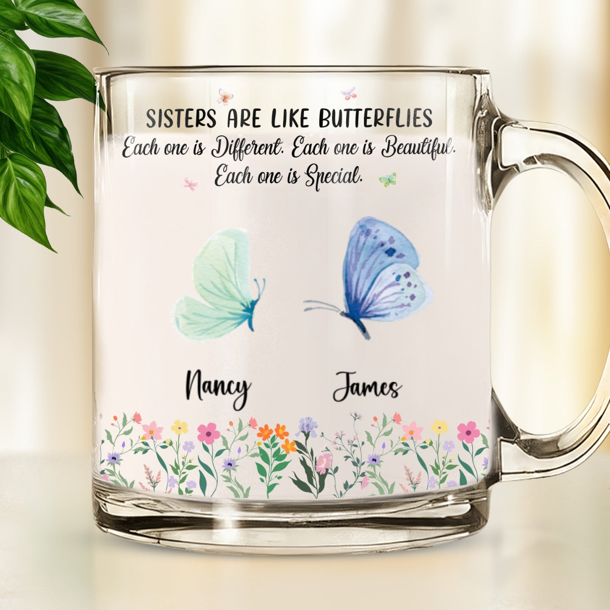 Sisters Flutter Through Life Beautifully - Personalized Custom Glass Mug