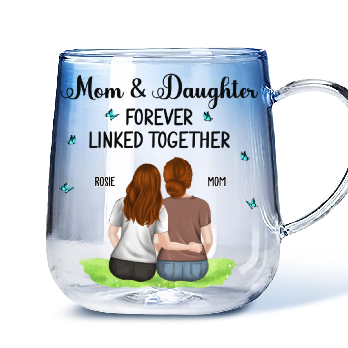 Mother And Daughter Linked Forever - Personalized Custom Blue Gradient Glass Mug