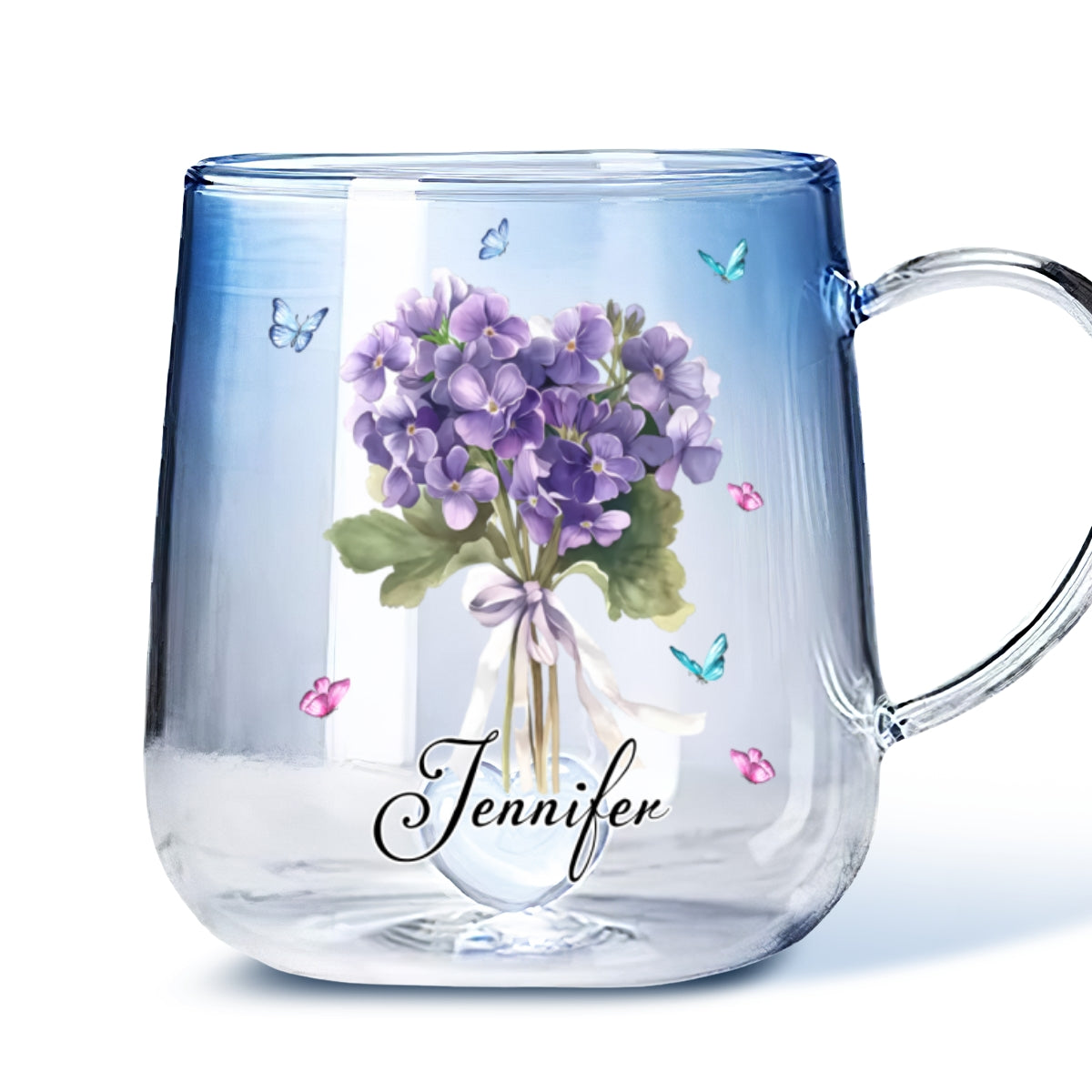 Birthmonth Flower With Name - Personalized Custom Blue Gradient Glass Mug