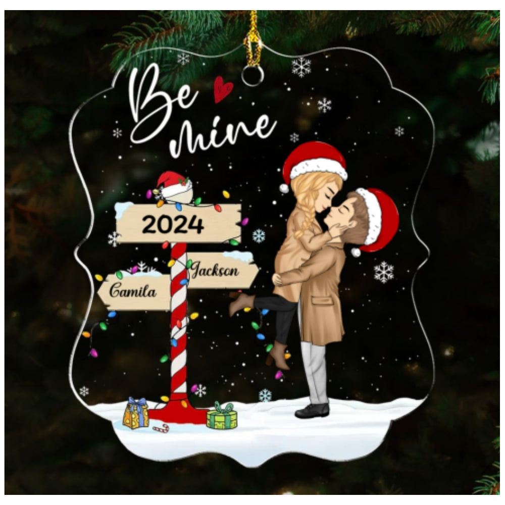 Winter Couple Hugging Kissing In The Snow - Personalized Custom Acrylic Ornament