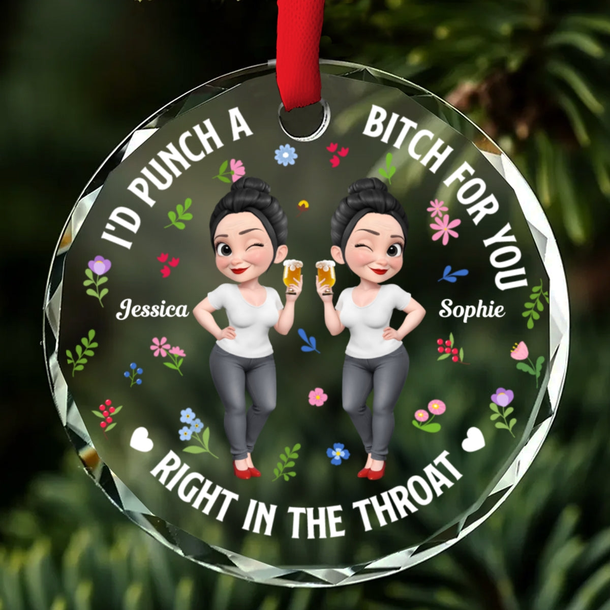 Right In The Throat Bestie Cartoonize - Personalized Custom Glass Ornament