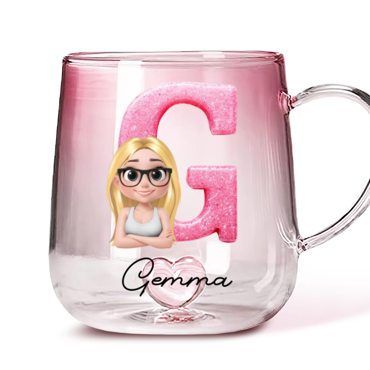 Glitter Alphabet Cartoon - Personalized Custom Pink Gradient Glass Mug
