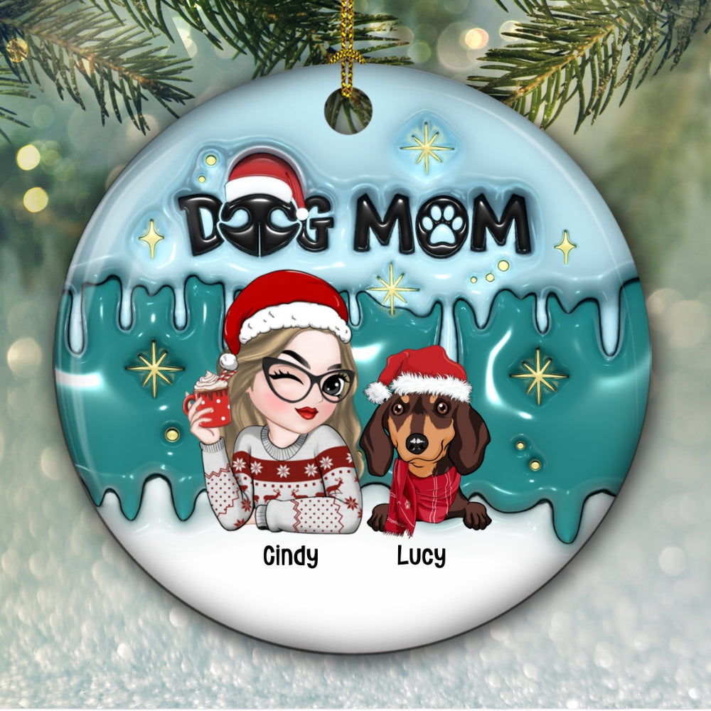 Holiday With Dog Mom - Personalized Custom 3D Inflated Effect Ceramic Ornament