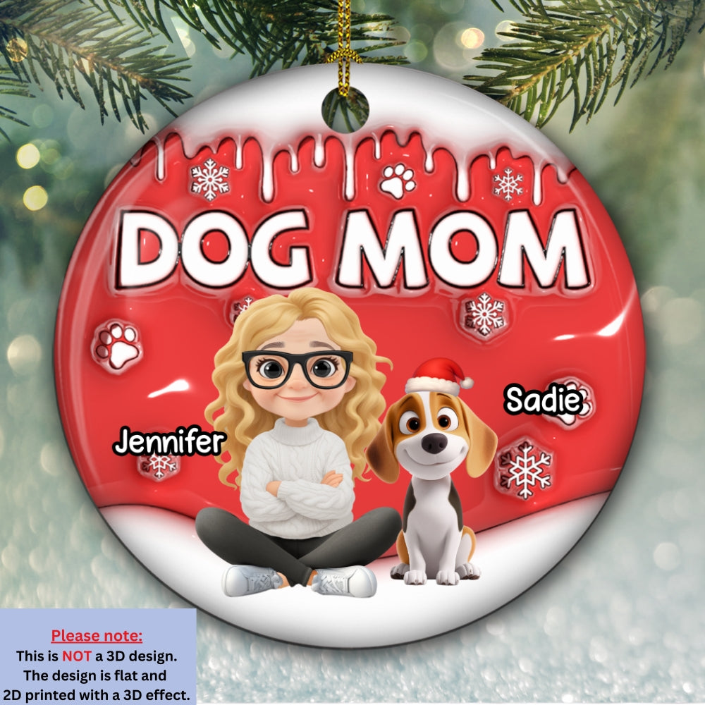 Dog Mom Cartoon In Christmas - Personalized Custom 3D Inflated Effect Ceramic Ornament