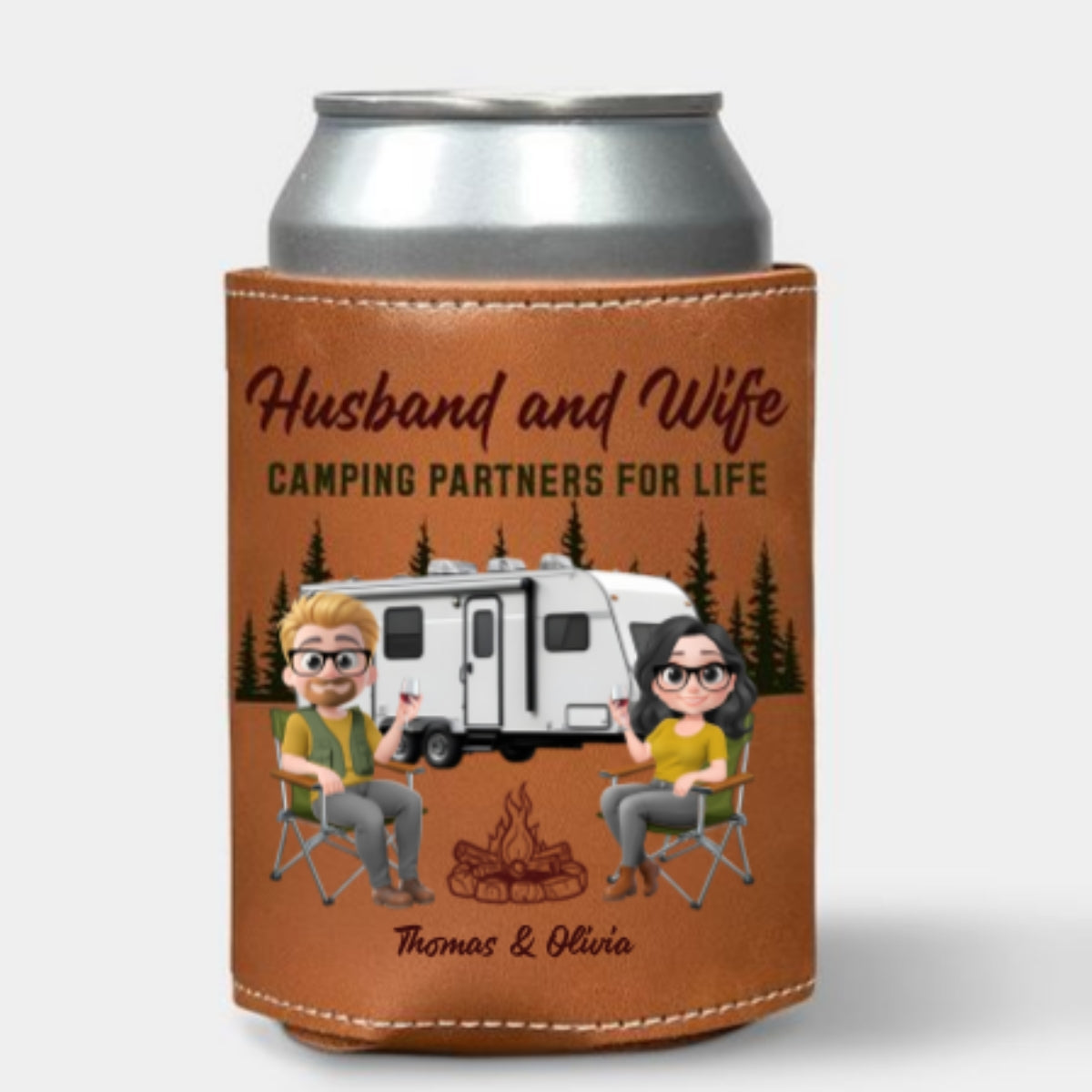Camping Together For Life - Personalized Custom Leather Can Cooler Holder