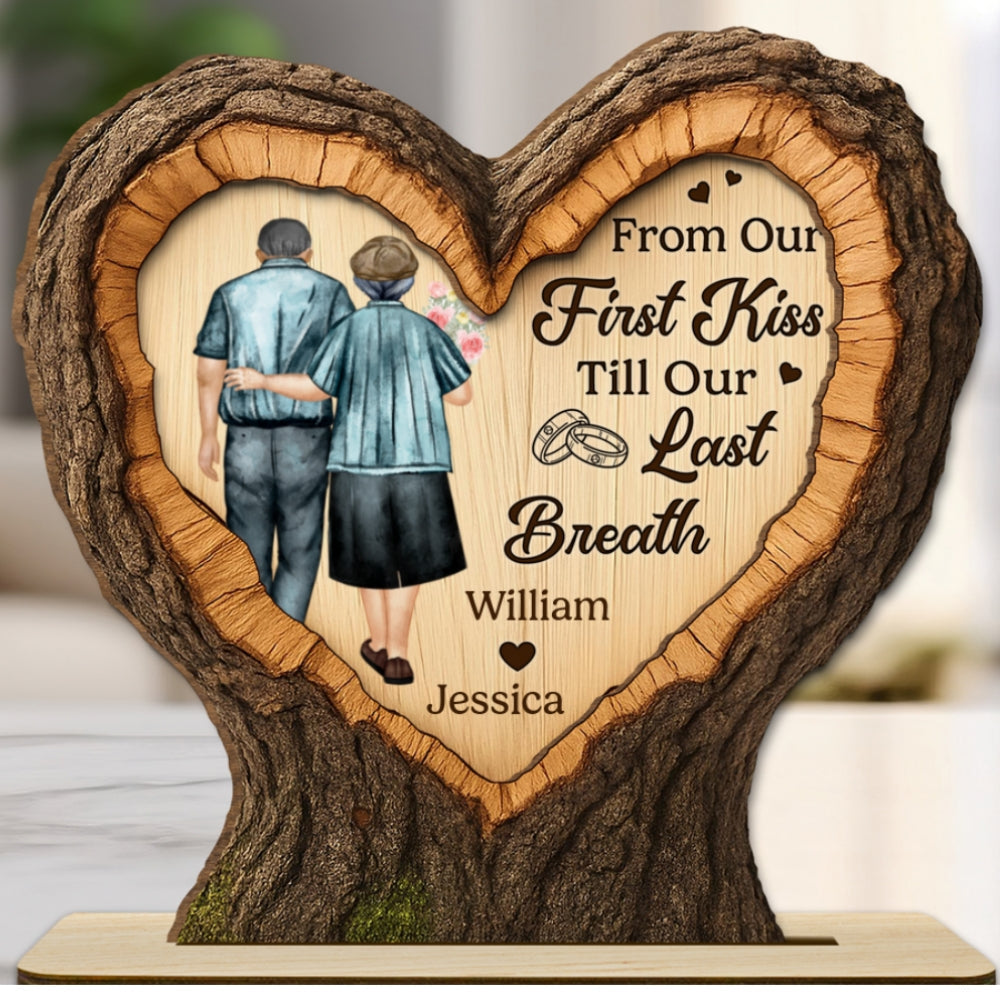 Our Journey Begins With First Kiss - Personalized Custom 2-Layer Wood Plaque With Flat Base