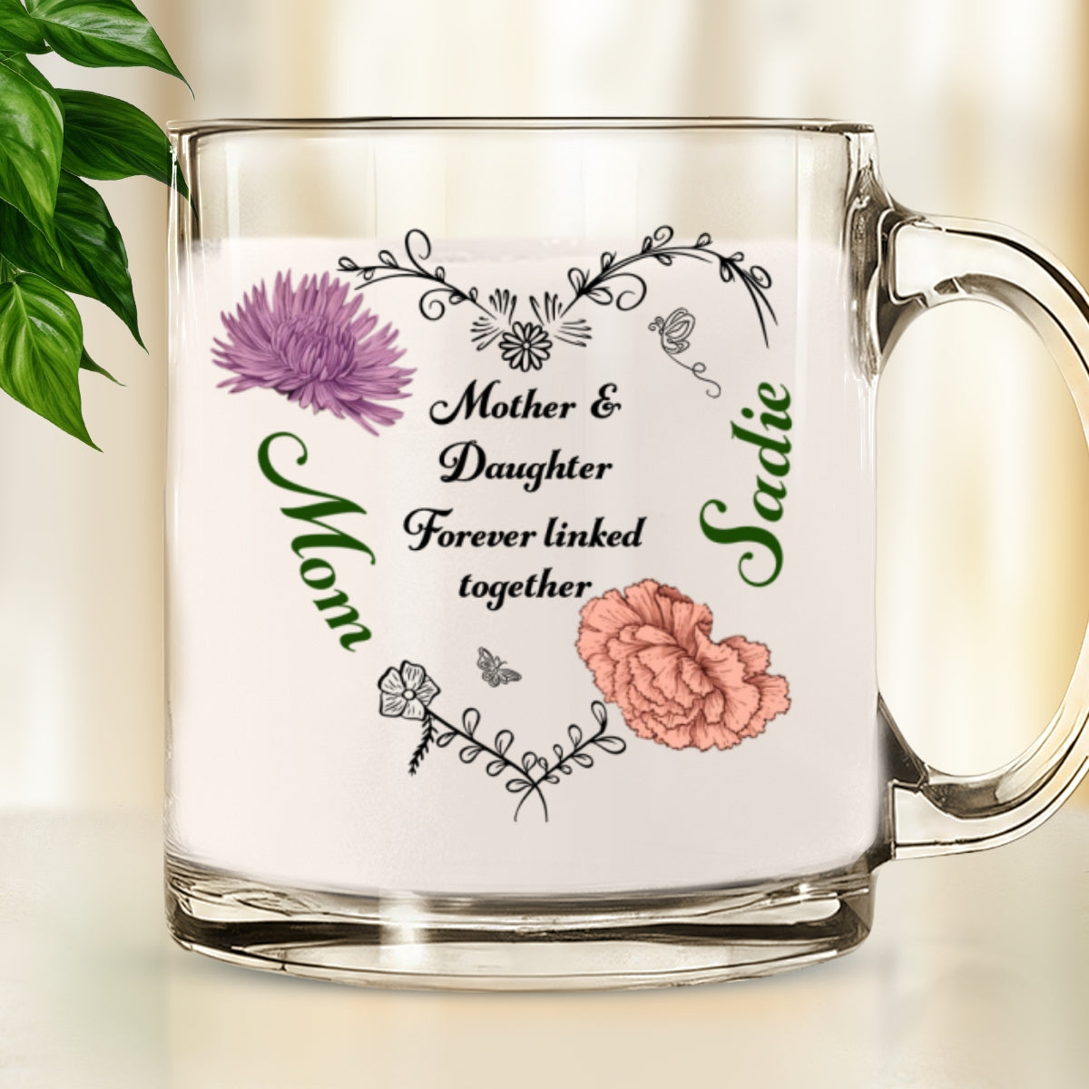 Linked Together Mom And Daughter - Personalized Custom Glass Mug