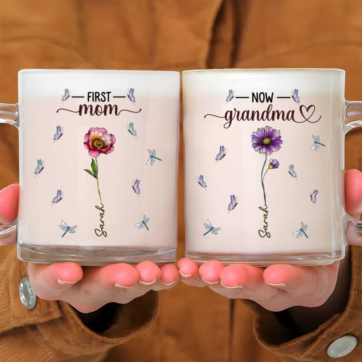 First Mom Now Nana Birthmonth Flower - Personalized Custom Glass Mug