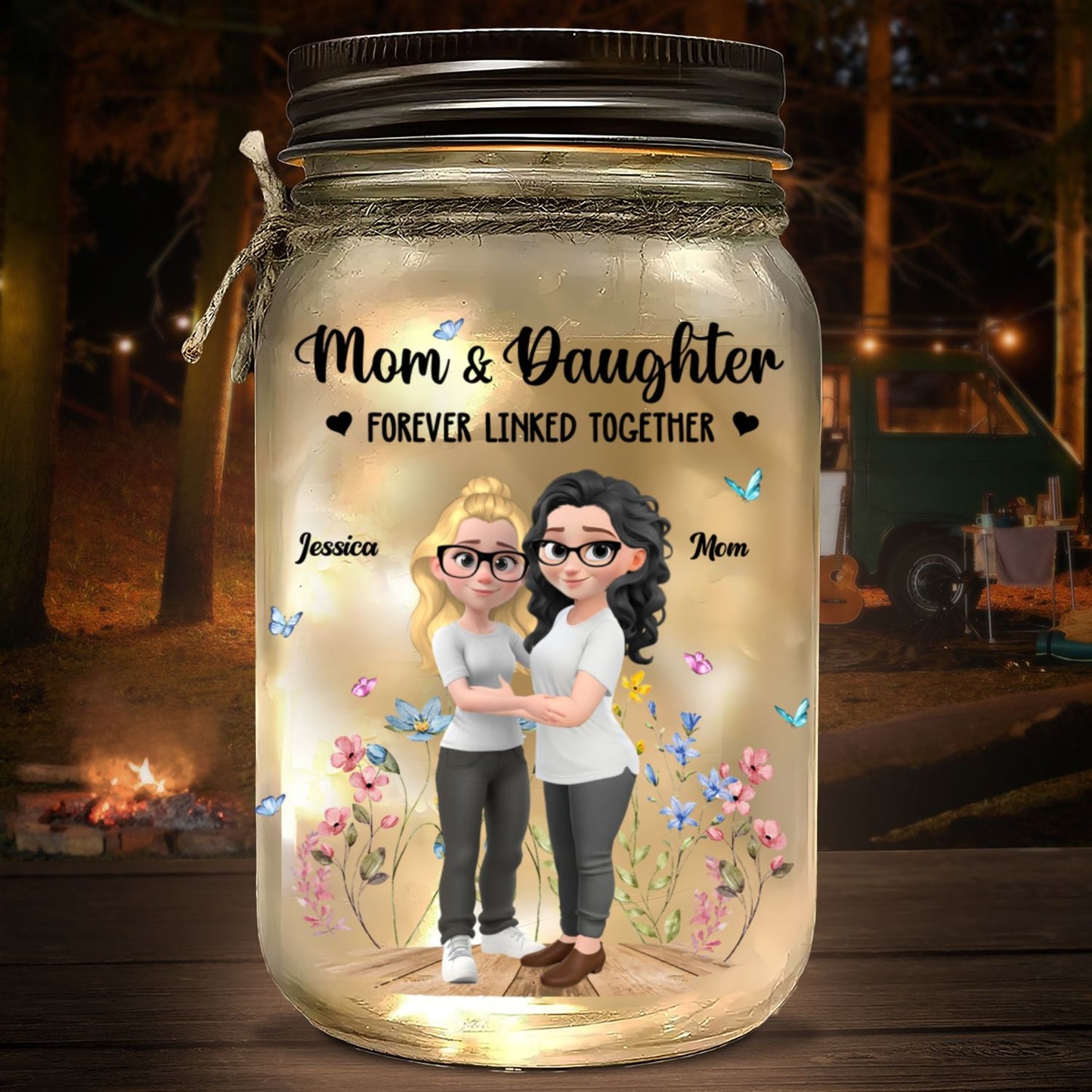 Mom And Daughter Forever Linked Together - Personalized Custom Mason Jar Light