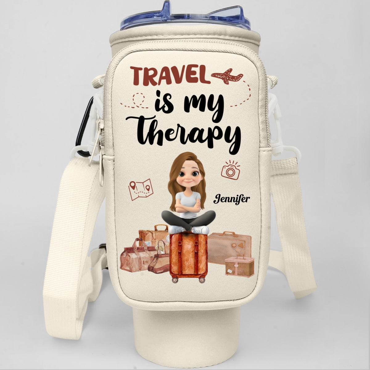 Travel Is My Therapy - Personalized Custom 40oz Water Bottle Carrier Bag