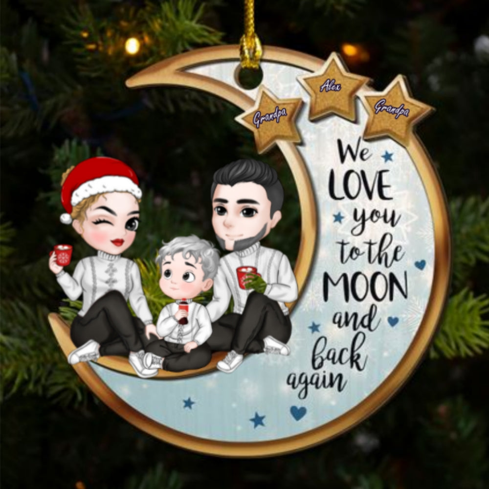 Grandparents And Grandkid On The Moon - Personalized Custom 2-Layered Wood Ornament