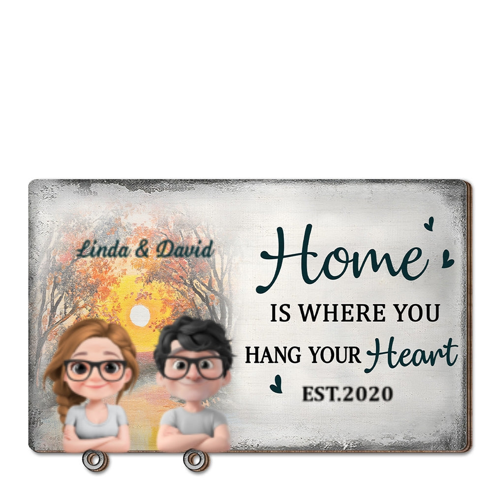 Home Is Where You Hang Your Heart - Personalized Custom Wooden Key Holder With Keychain