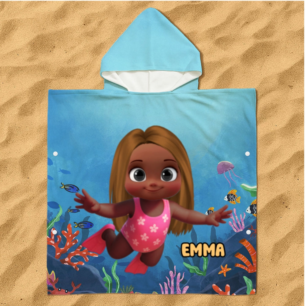 Cartoon Kid Character Marine - Personalized Custom Hooded Beach Towel