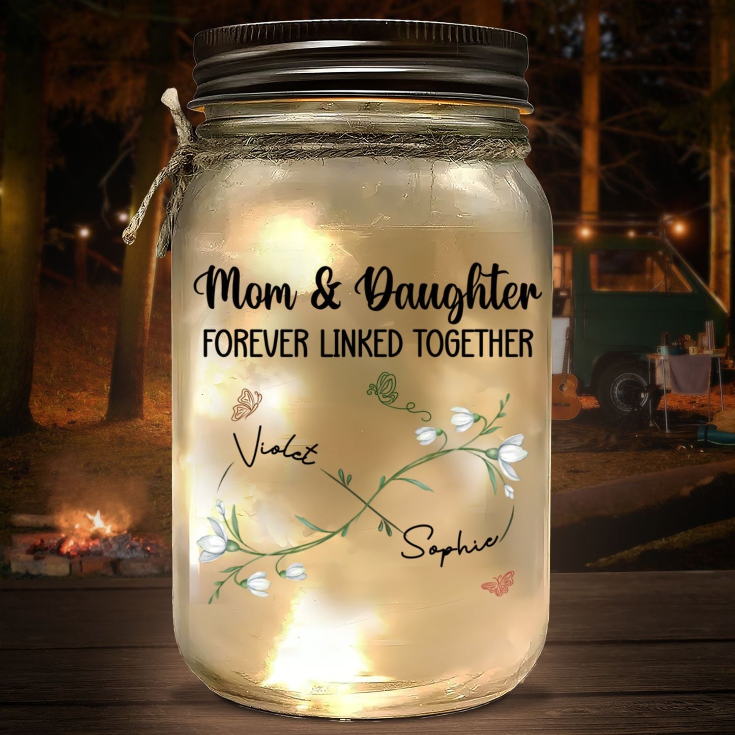 Mom And Daughter Forever Linked Together - Personalized Custom Mason Jar Light