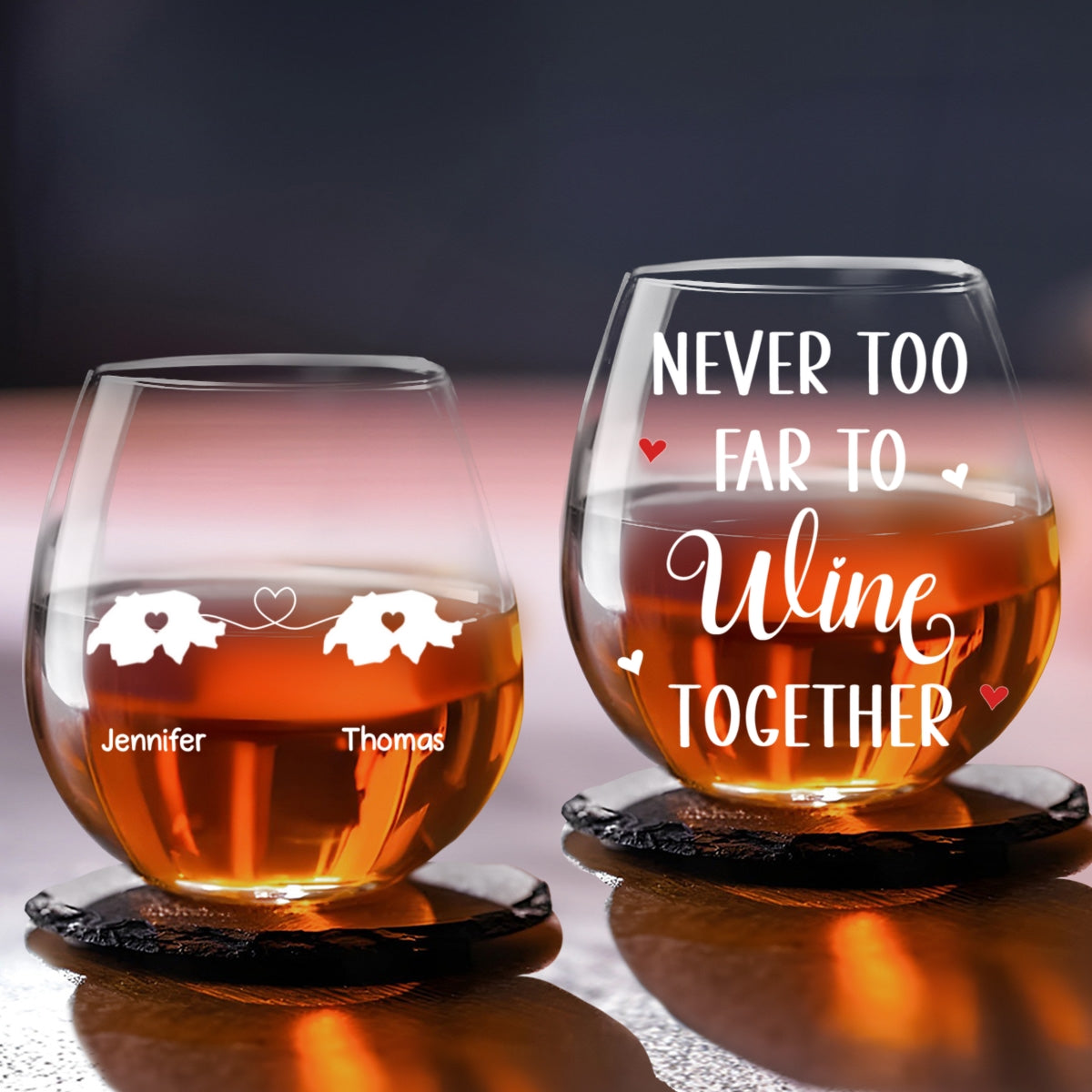 Never Too Far To Wine Together - Personalized Custom Wine Glass