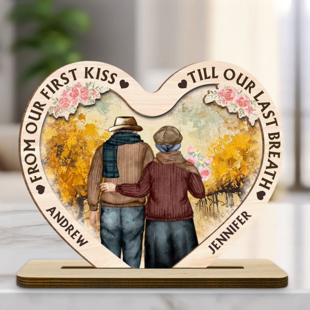 Our First Kiss - Personalized Custom 2-Layer Wood Plaque With Flat Base