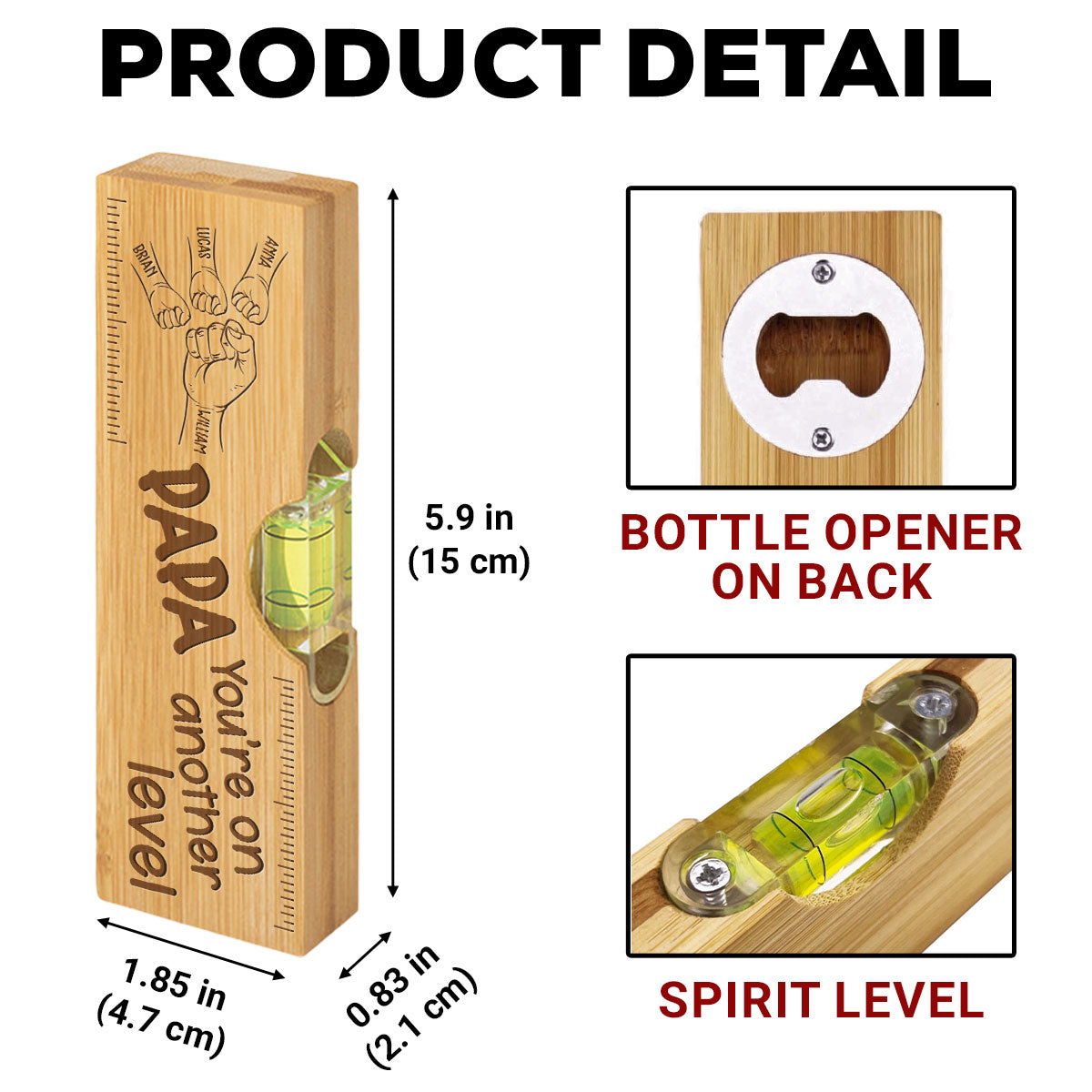 Papa Fist Bump - Personalized Custom Engraved Wooden Spirit Level Bottle Opener