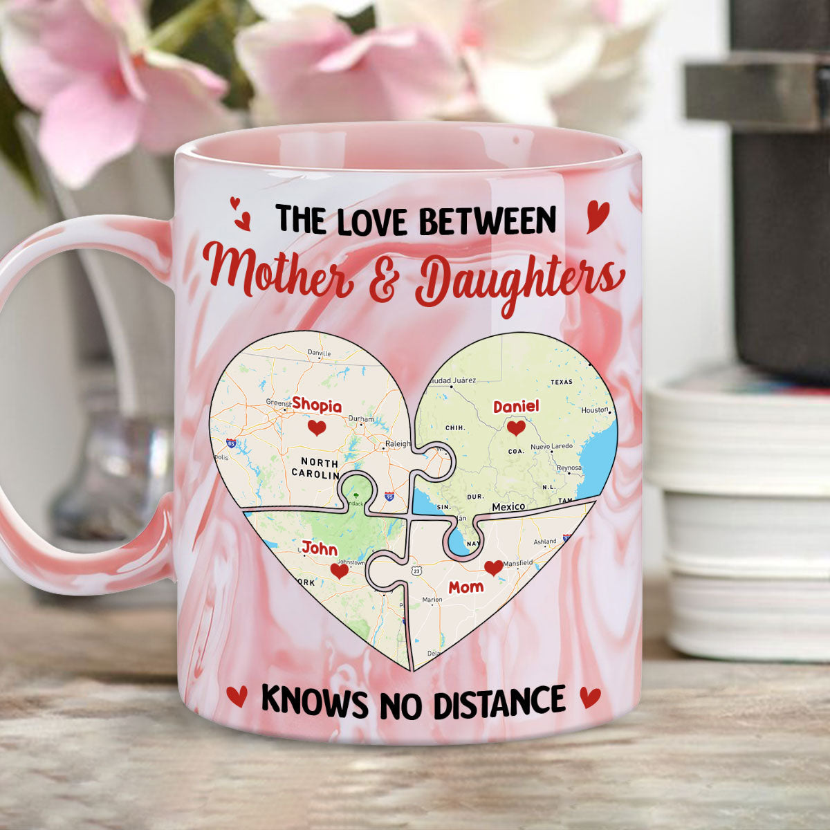 Mother And Daughter No Distance - Personalized Custom Pink Marble Mug
