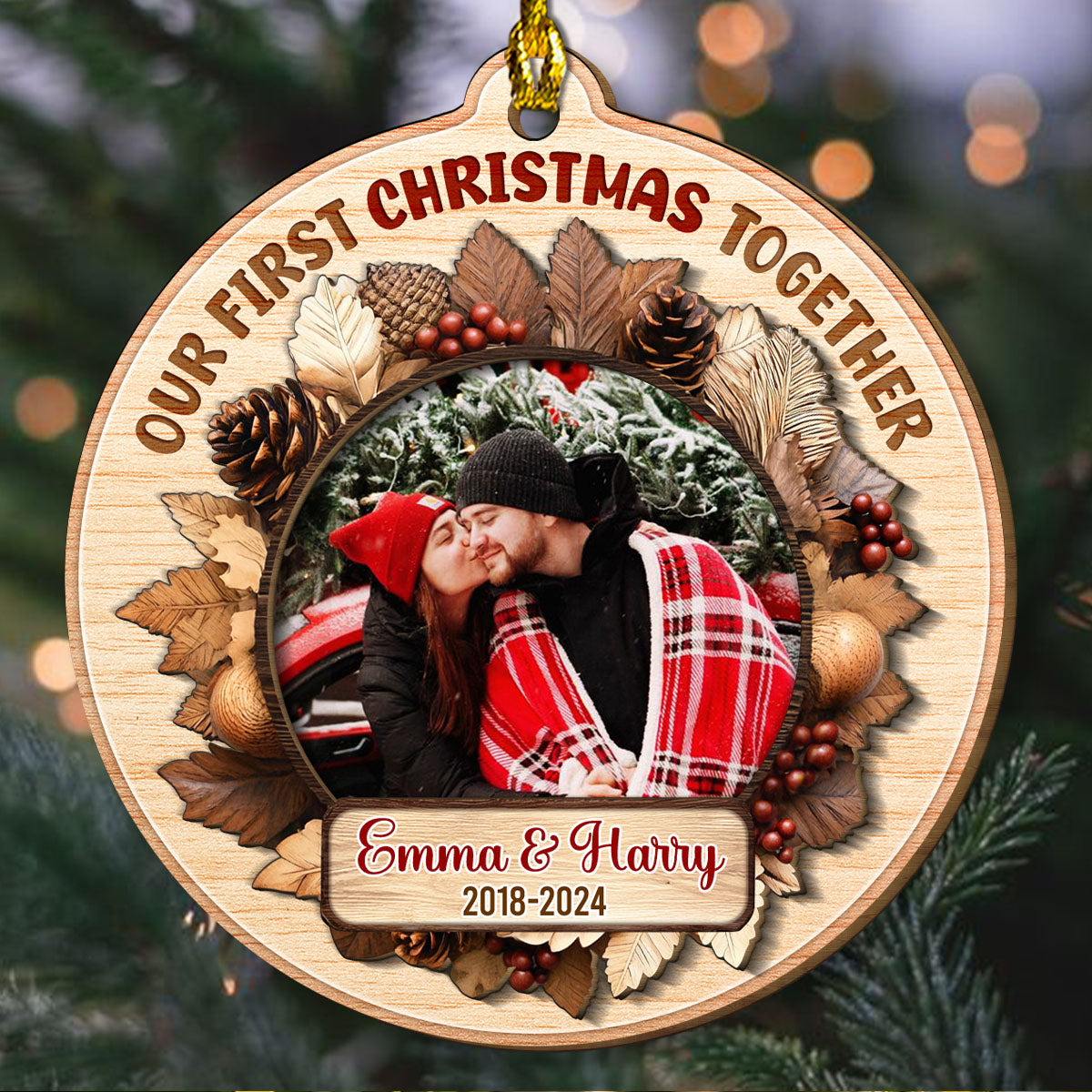 Snowy Love First Christmas - Personalized Custom Freeshape 2-Layered Wood Ornament