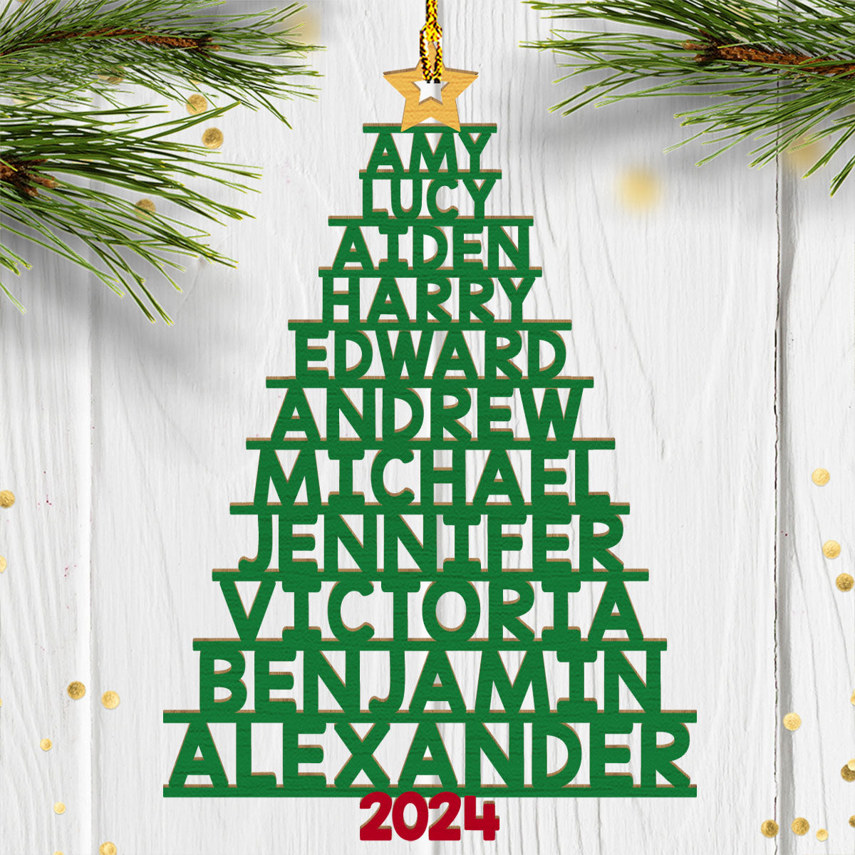 Family Names Christmas Tree (Version 11-14 Names) - Personalized Custom 1-layered Wood Ornament