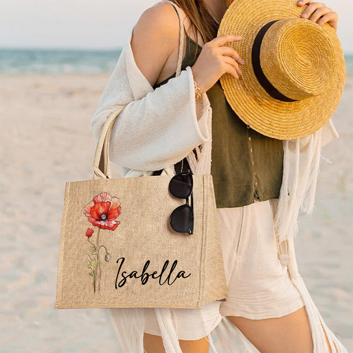 Birth Flower Beach - Personalized Custom Jute Tote Bag