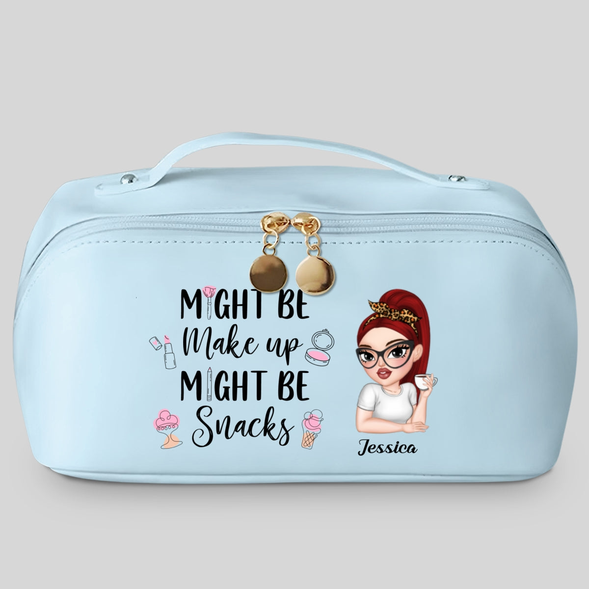 Might Be Make Up Might Be Snacks - Personalized Custom Leather Makeup Bag