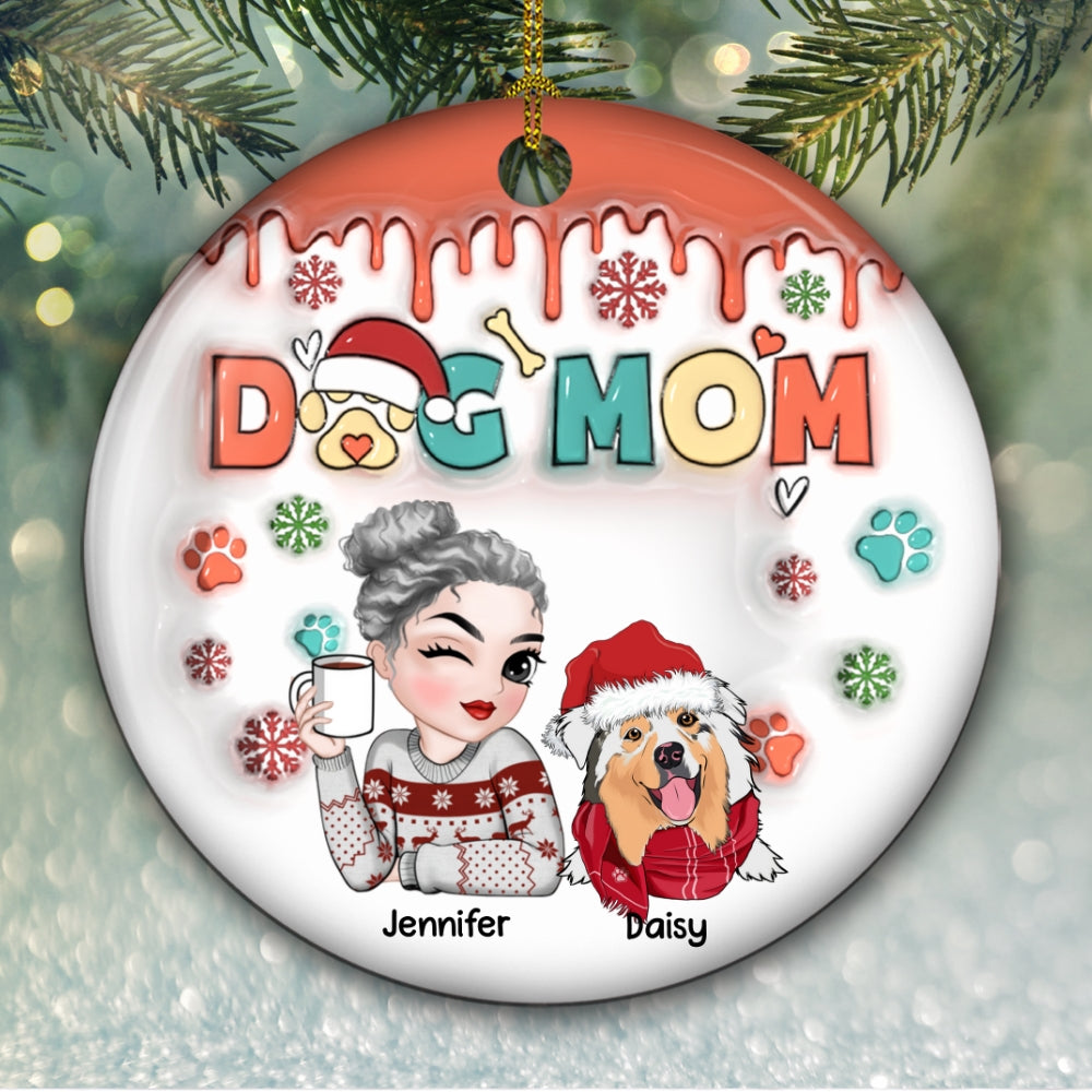 Dog Mom Christmas Paw - Personalized Custom 3D Inflated Effect Ceramic Ornament
