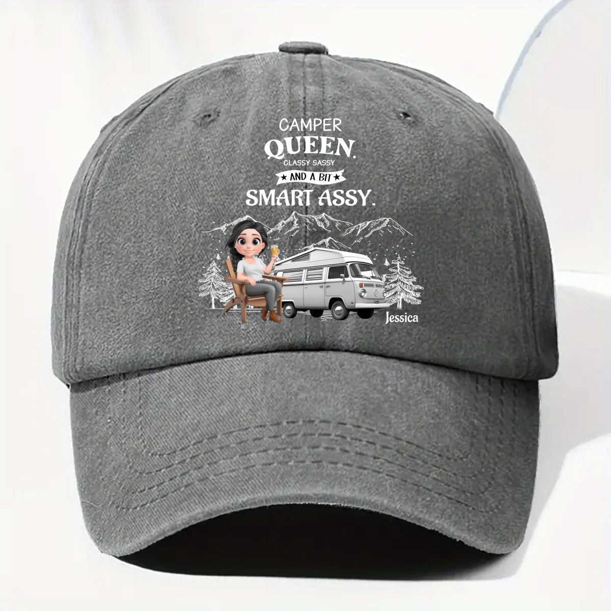 Truly A Queen Of Campers - Personalized Custom Vintage Washed Denim Cap