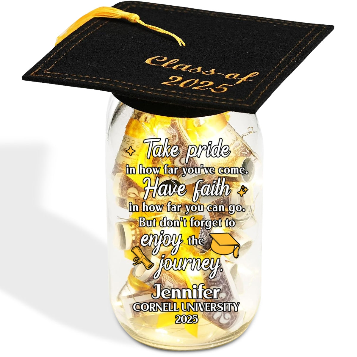 Take Pride In How Far You Have Come - Personalized Custom Graduation Mason Jar Light