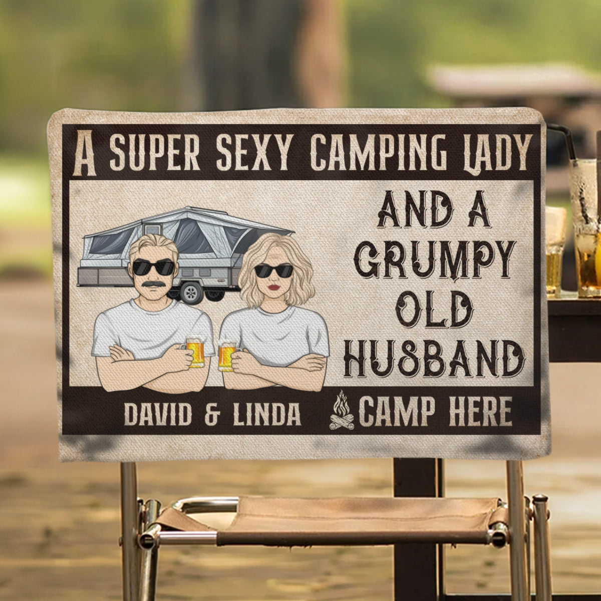 Sexy Camping Lady And Grumpy Old Husband - Personalized Custom Camping Chair Cover