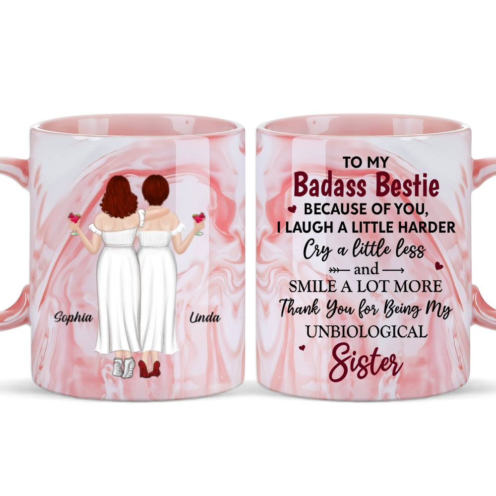 Because Of You I Laugh A Little Harder - Personalized Custom Pink Marble Mug