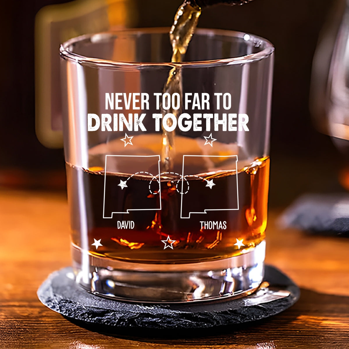 Never Too Far To Drink Together - Personalized Custom Whiskey Glass