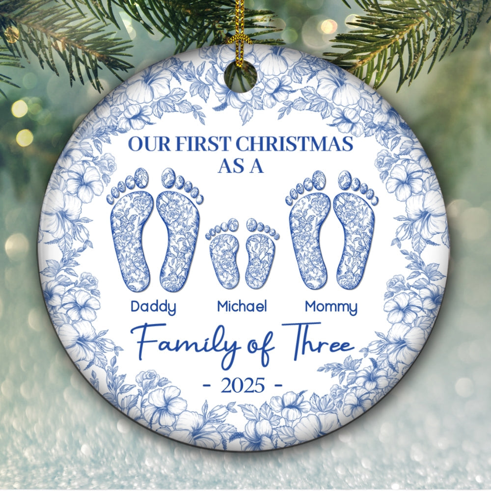First Christmas As A Family Of Four Toile Footprints - Personalized Custom Ceramic Ornament