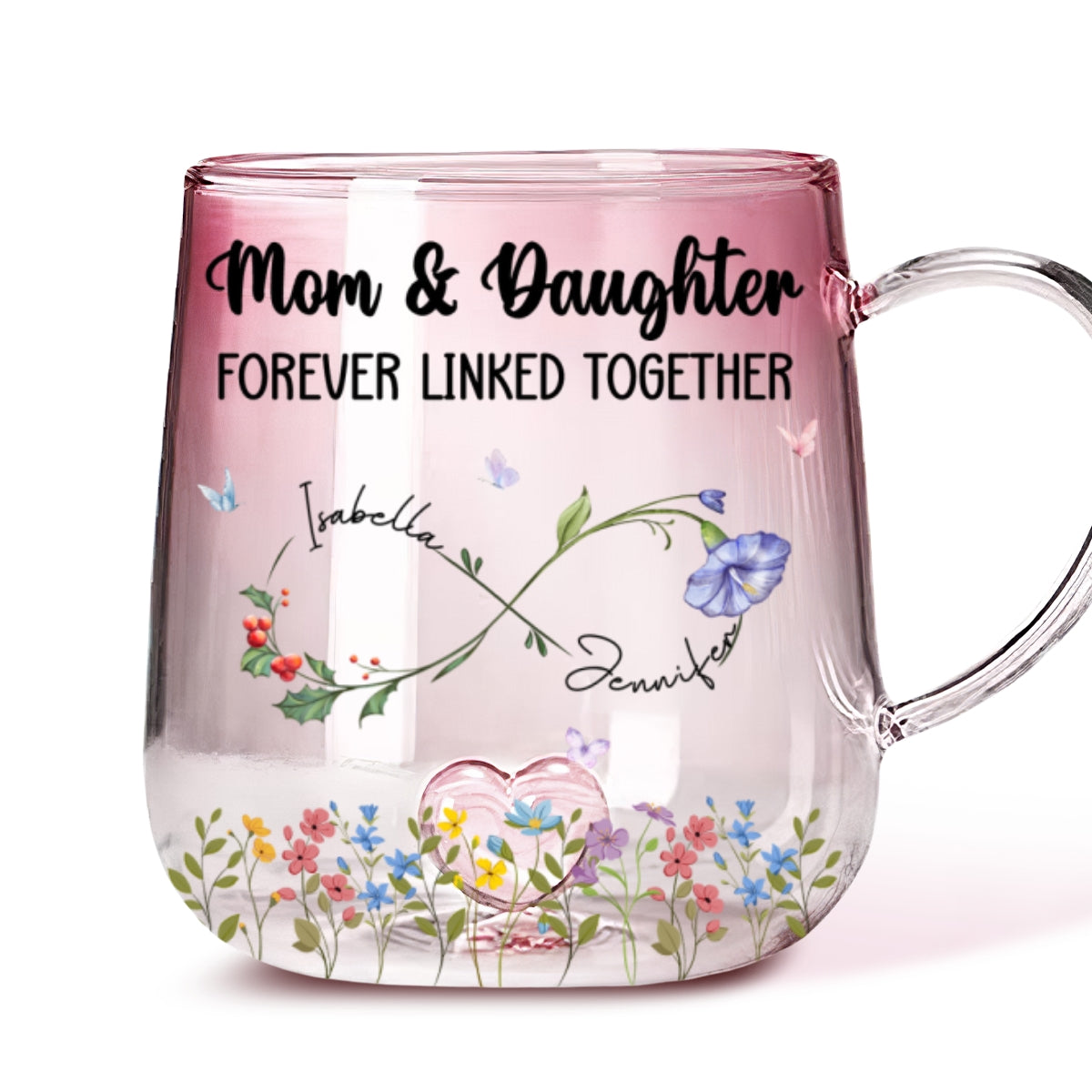 Mom And Daughter Forever Linked - Personalized Custom Pink Gradient Glass Mug