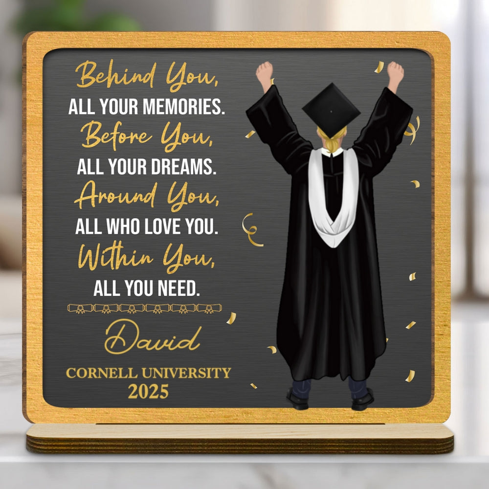 Memories Behind Dreams Ahead - Personalized Custom 2-Layer Wood Plaque With Flat Base