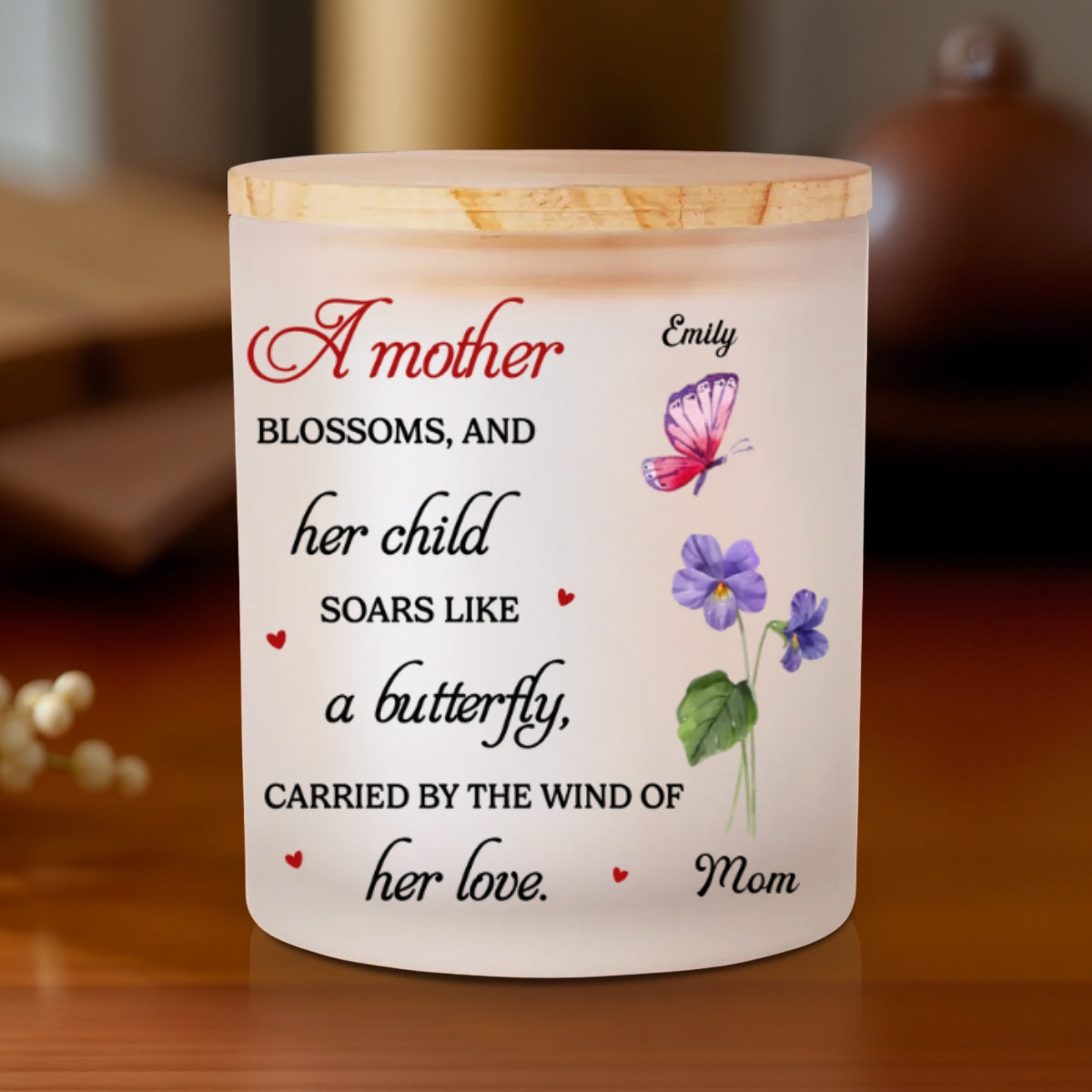 A Mother Blossoms - Personalized Custom Glass Jar With LED Candle