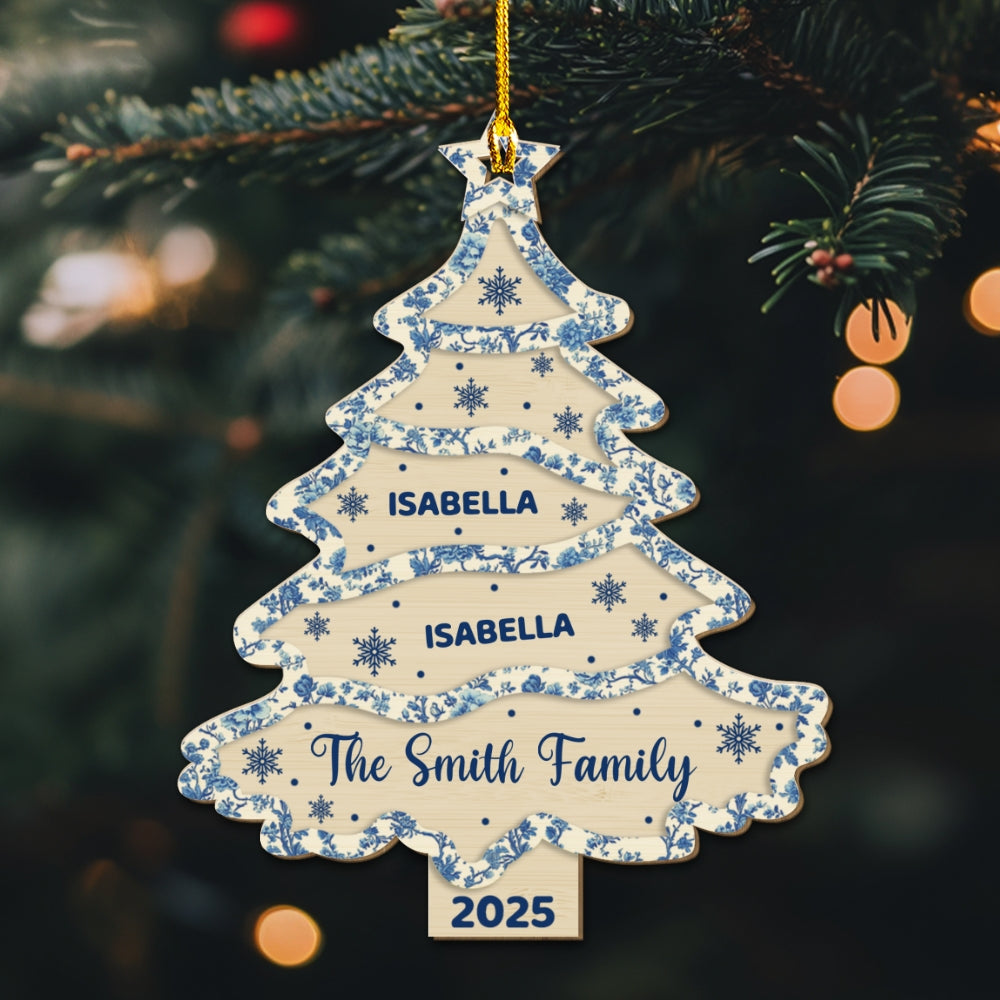 Family Names Christmas Tree Toile De Jouy - Personalized Custom Wood Ornament