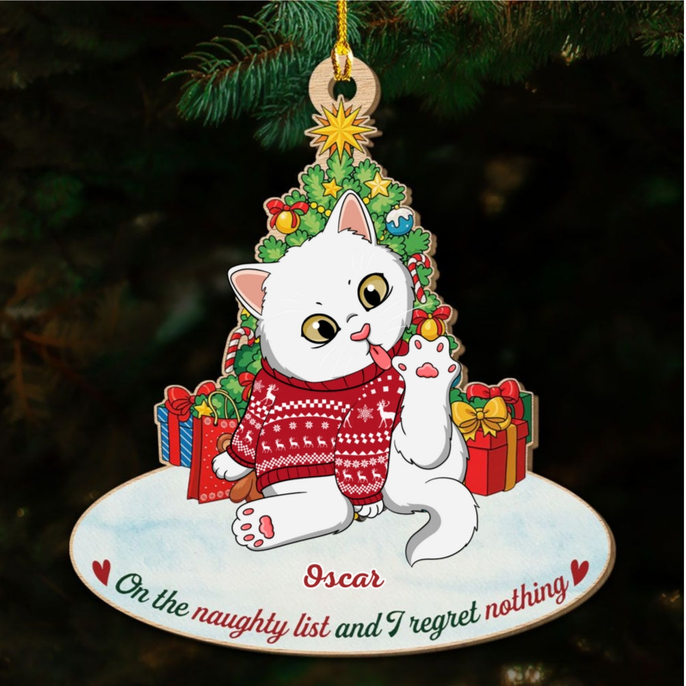 Naughty Cat Licking - Personalized Custom 1-layered Wood Ornament