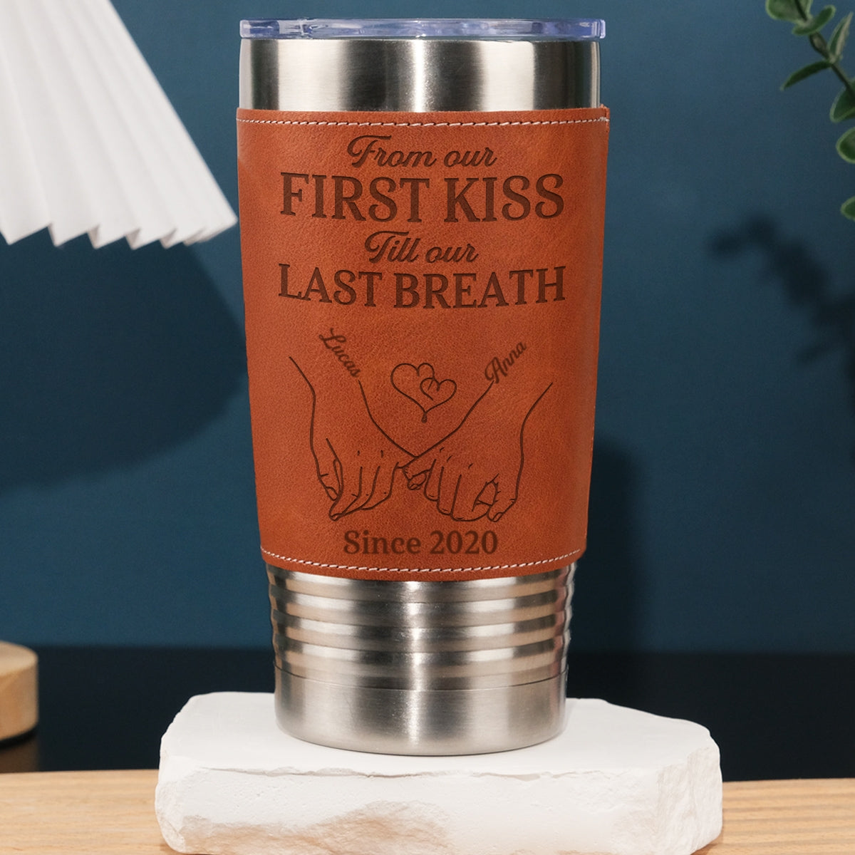 Our First Kiss - Personalized Custom Engraved Leather Tumbler