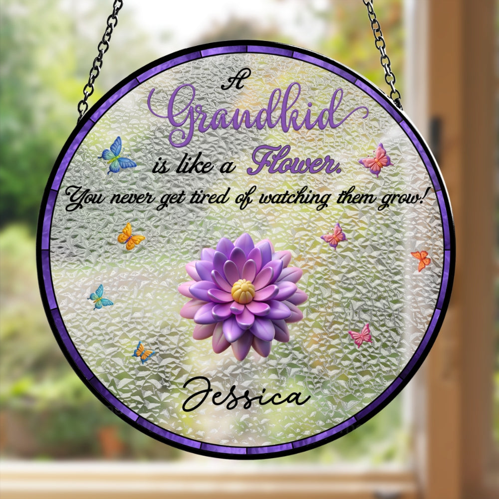 Never Get Tired Of Watching Grandkids Grow - Personalized Custom Window Hanging Suncatcher