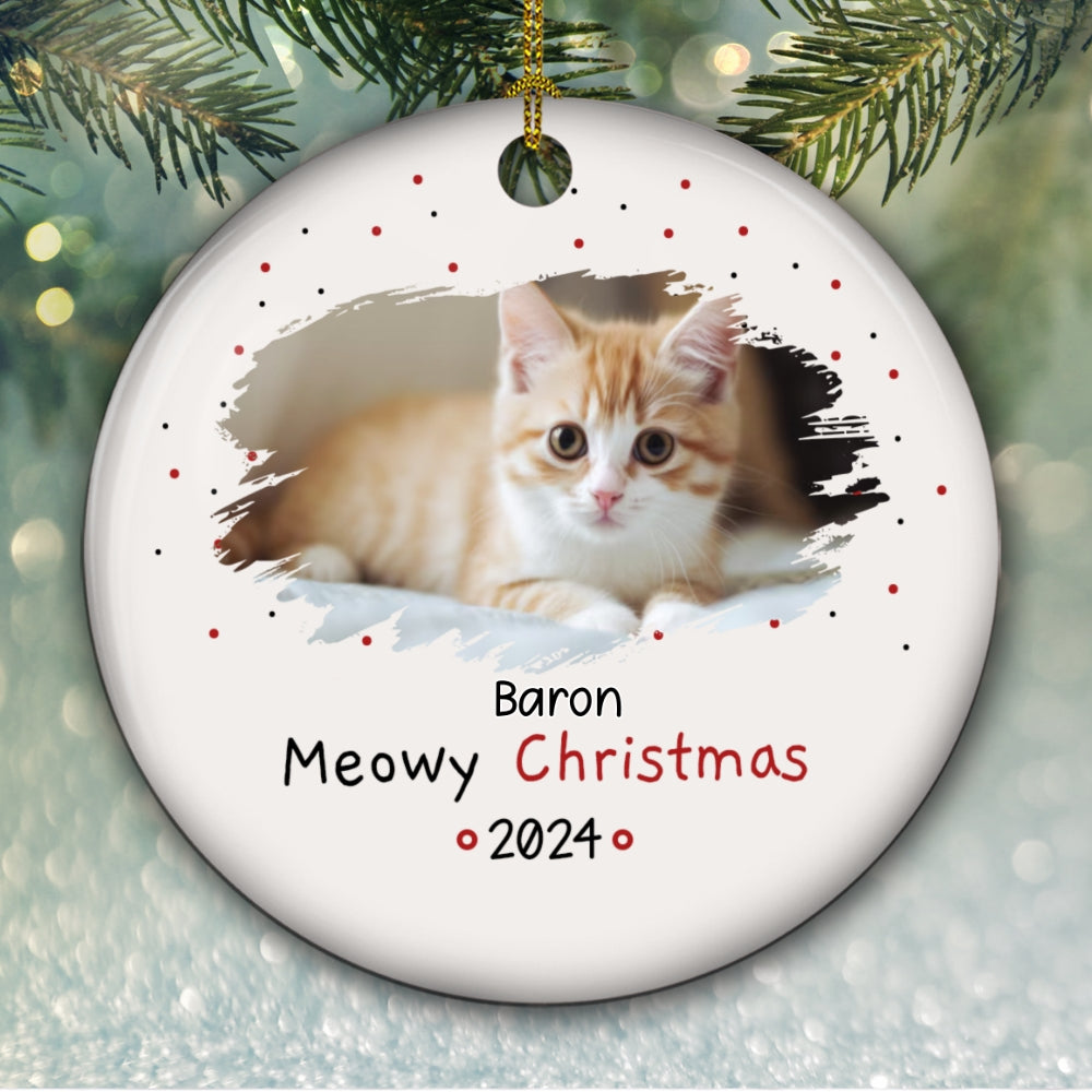 Meowy Christmas Photo - Personalized Custom Circle Ceramic Ornament