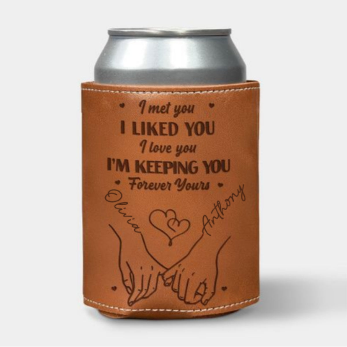 Forever Yours - Personalized Custom Engraved Leather Can Cooler Holder