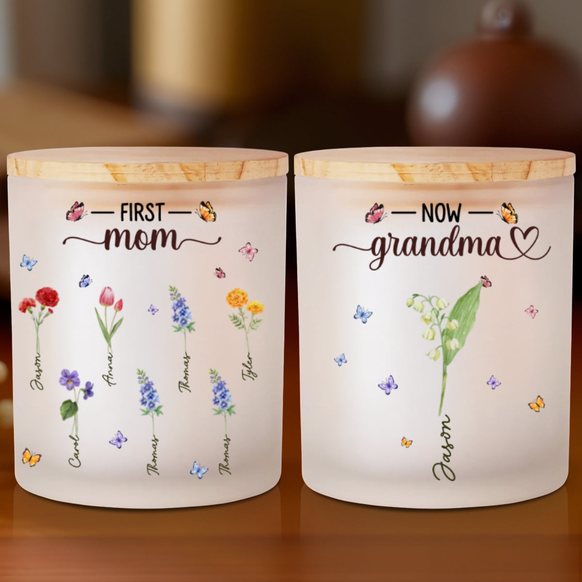 Grandma Birthmonth Flower - Personalized Custom Glass Jar With LED Candle