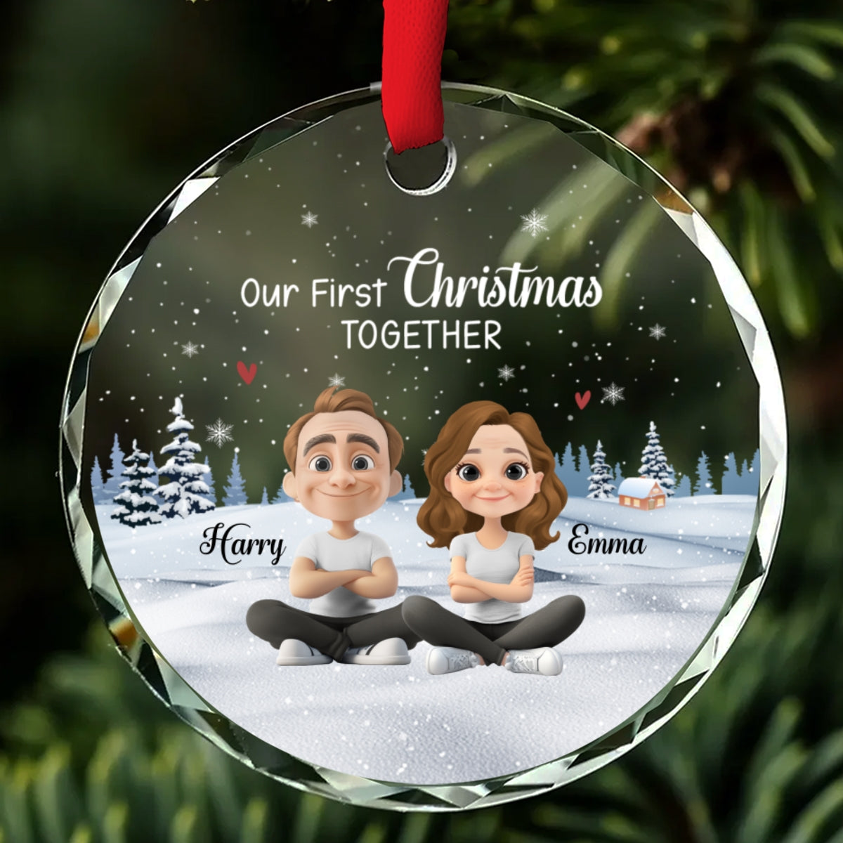 Our First Christmas Together Cartoonize - Personalized Custom Glass Ornament